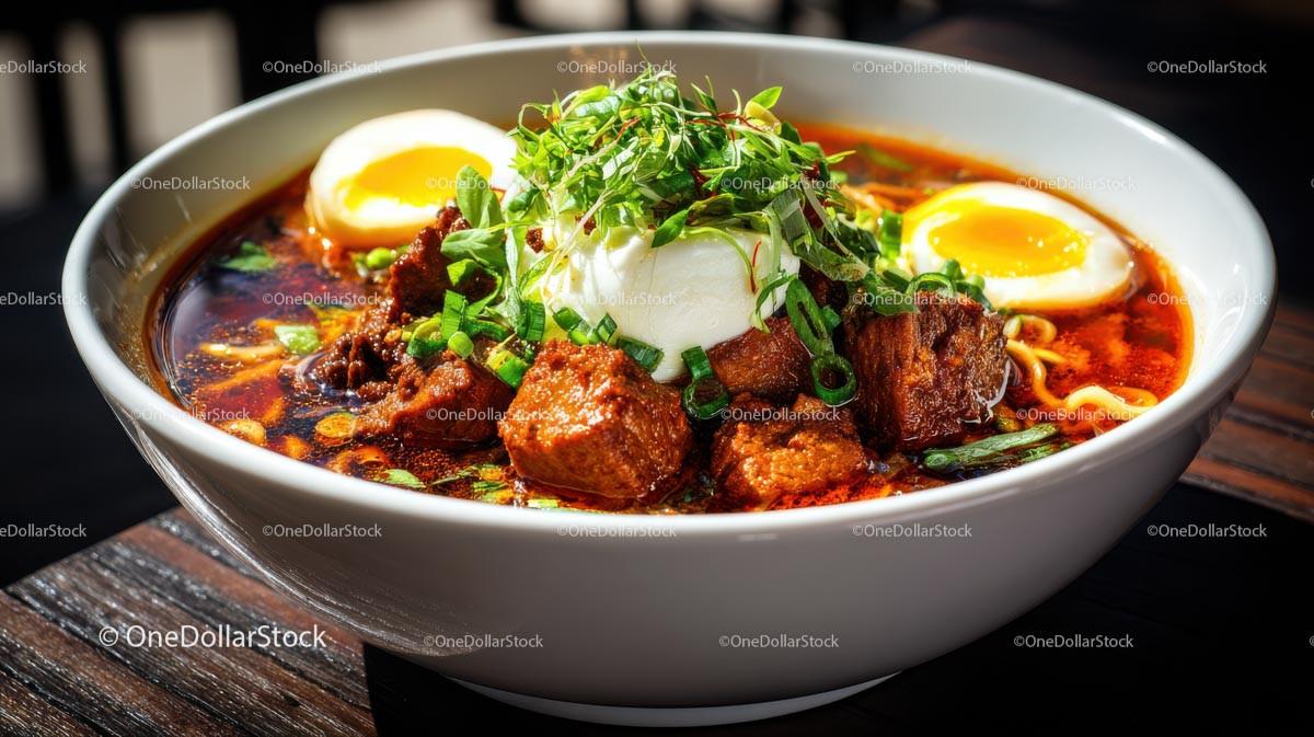 Spicy Ramen Bowl with Pork Belly and Boiled Eggs Stock Photo Bundle preview 33