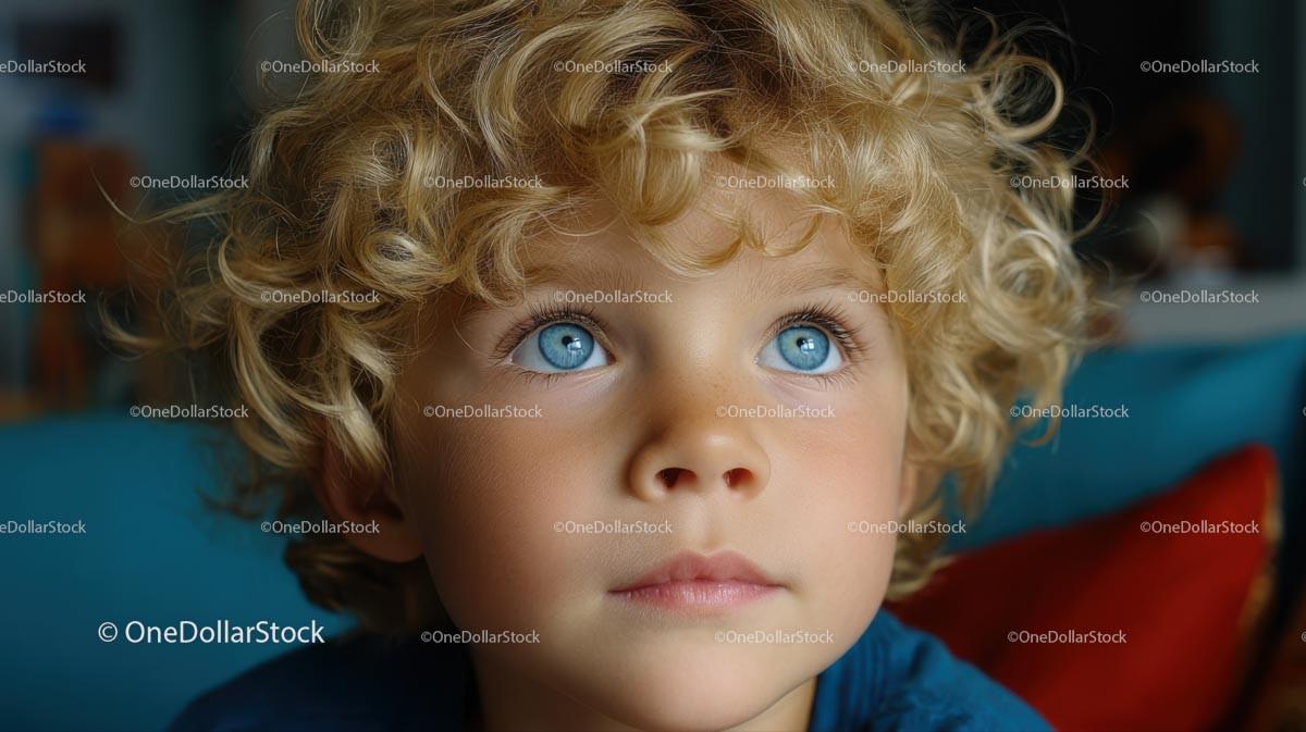 Portrait of a Child with Curly Blonde Hair and Blue Eyes