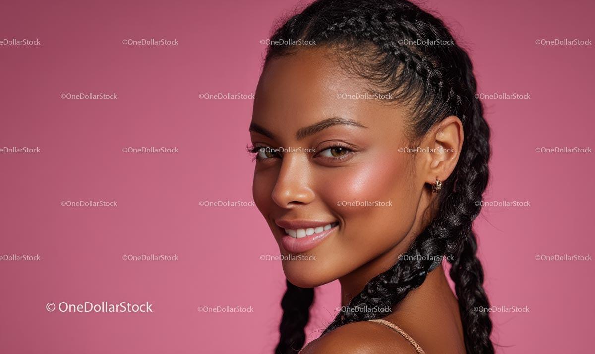 Smiling Woman with Braids on Pink Background