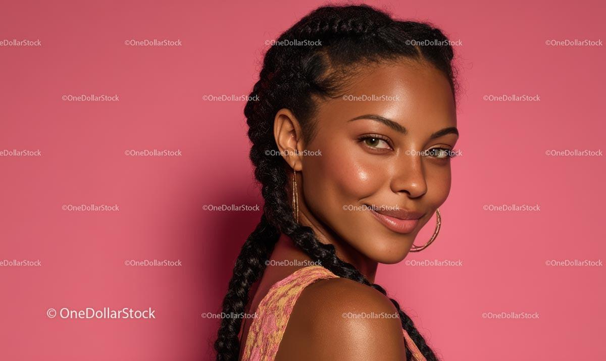 Smiling Young Woman with Braided Hair on Pink Background