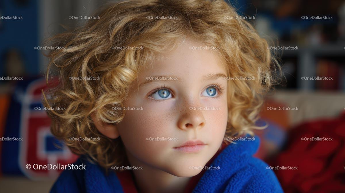 Blond Child with Blue Eyes in Thoughtful Pose