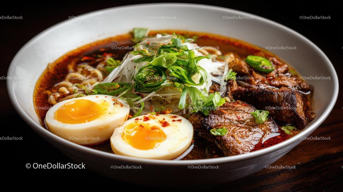 Spicy Ramen Bowl with Pork Belly and Boiled Eggs Stock Photo Bundle preview 37