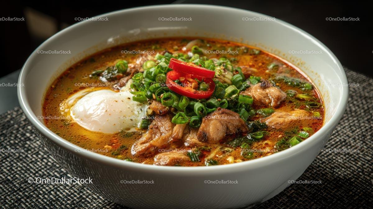 Spicy Ramen Bowl with Pork Belly and Boiled Eggs Stock Photo Bundle preview 38