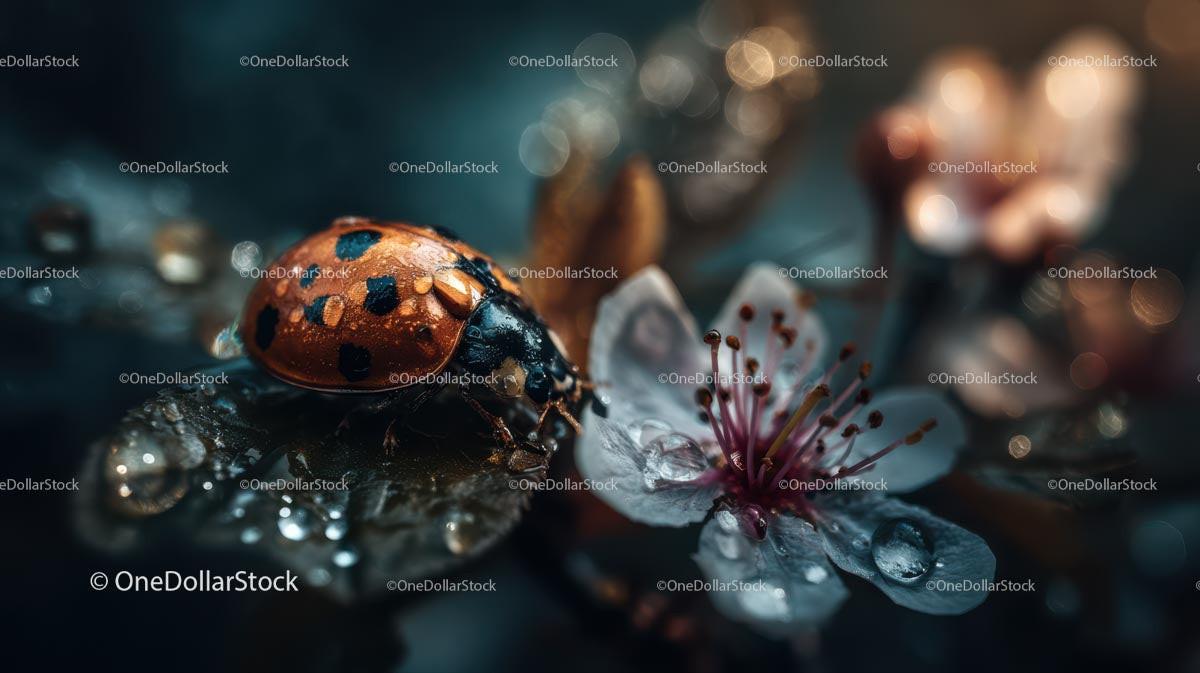 Ladybug on Dewy Blossom with Soft Bokeh Background