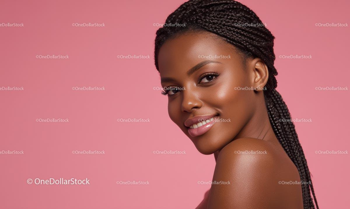 Smiling Woman with Braided Hair on Pink Background