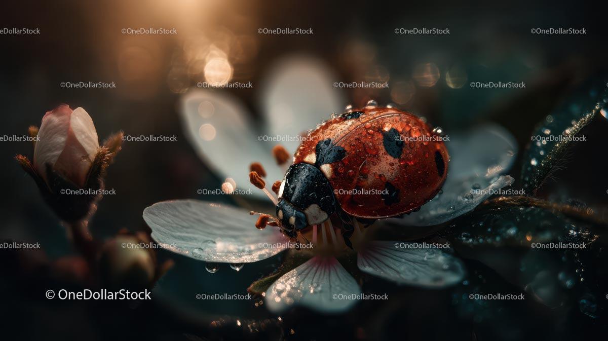 Ladybug on a Dew-kissed White Flower Petal