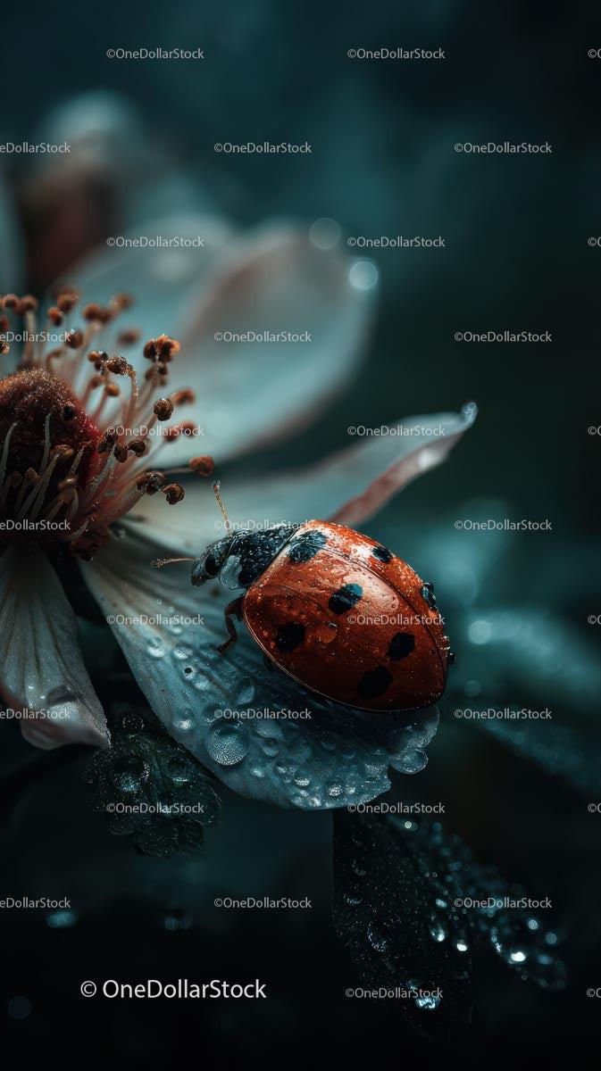Macro Ladybug with Dewdrops on Flower Petal