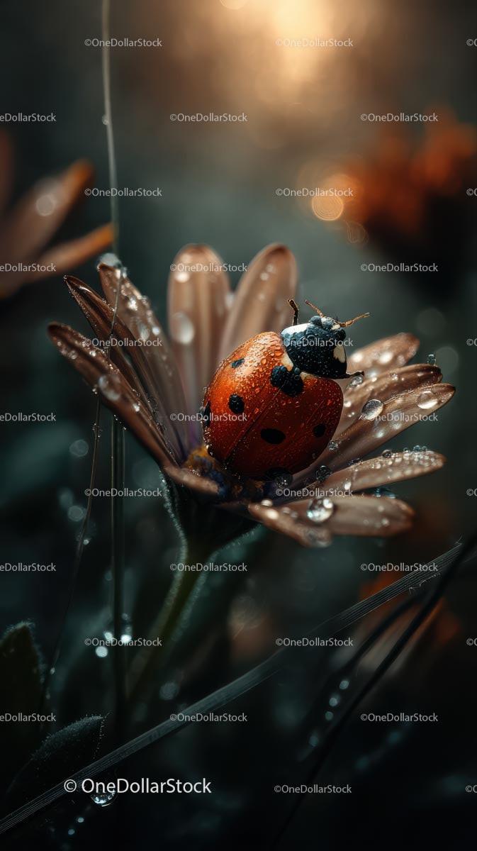 Ladybug Resting on Dew-Covered Flower Petals
