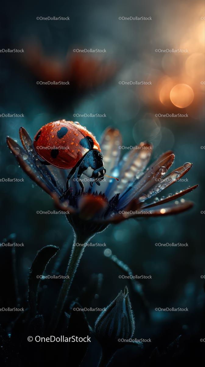 Ladybug on a Flower with Dewdrops in Soft Morning Light