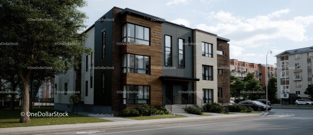 Modern Apartment Building on Tree-lined Street