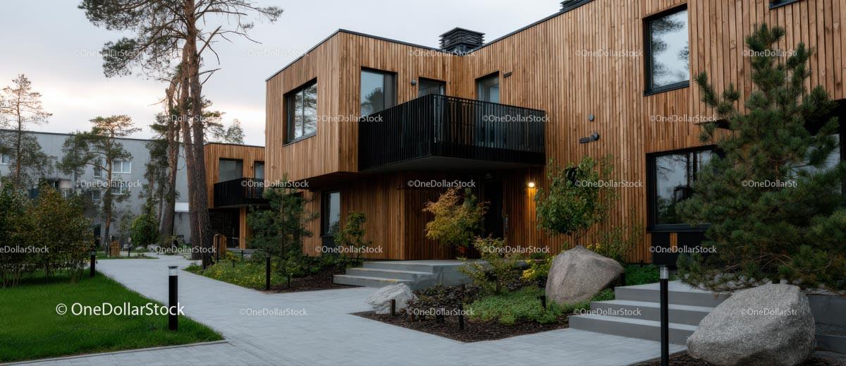 Modern Wooden Facade in Eco-Friendly Residential Area