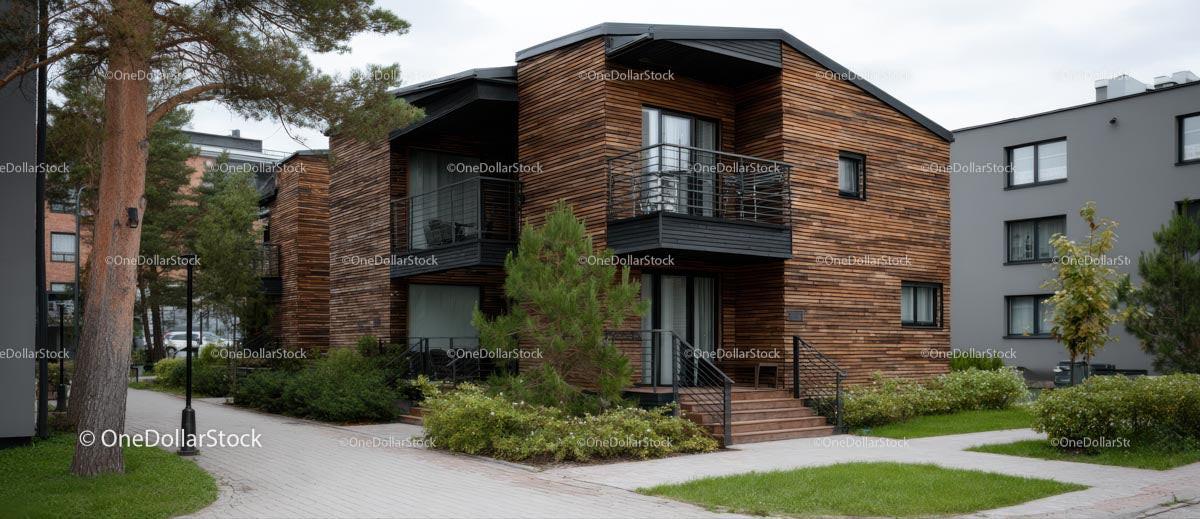 Modern Wooden Facade Residential Building with Greenery