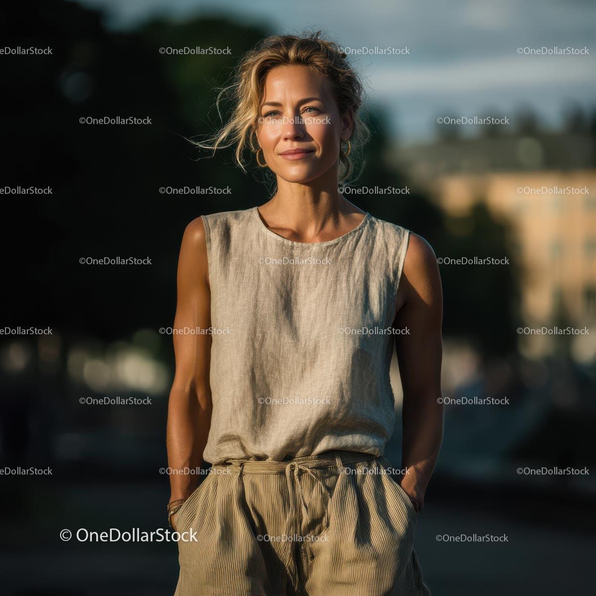 Elegant Woman in Linen Outfit on a Sunny Day Stock Photo Bundle preview