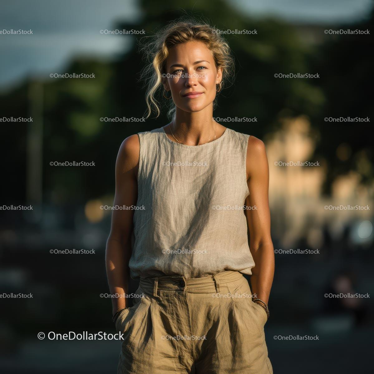 Elegant Woman in Linen Outfit on a Sunny Day Stock Photo Bundle creative preview 4
