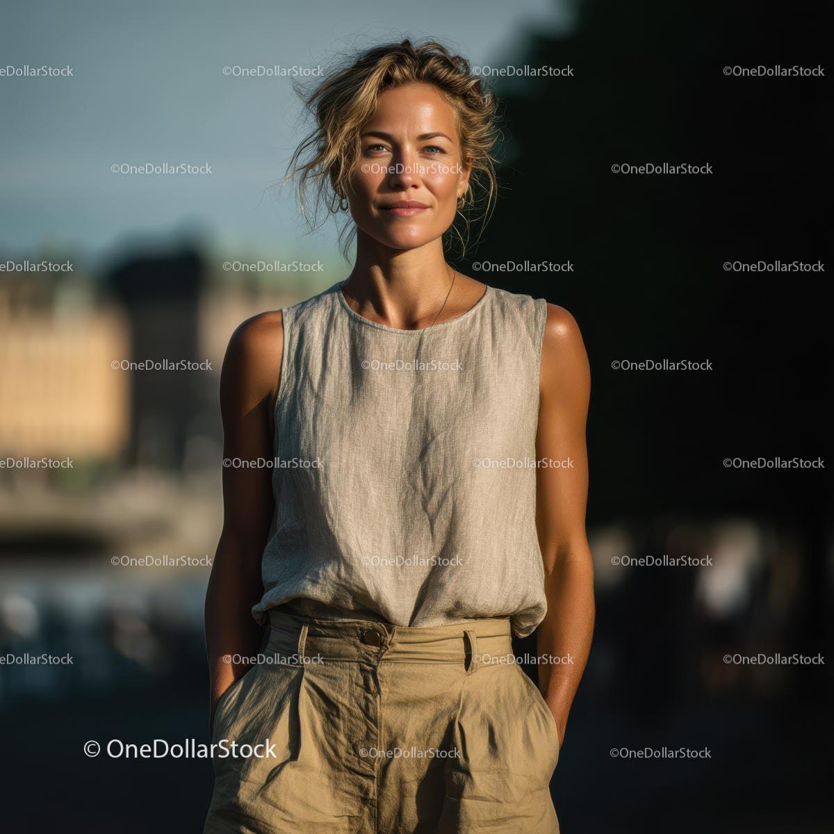 Elegant Woman in Linen Outfit on a Sunny Day Stock Photo Bundle preview 6