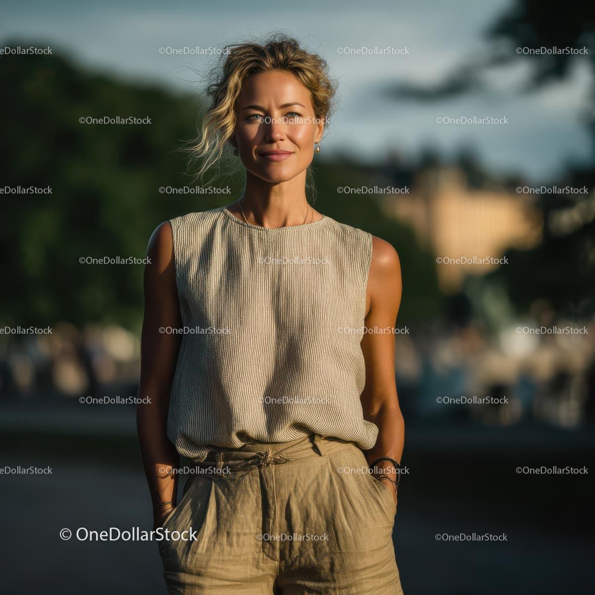 Elegant Woman in Linen Outfit on a Sunny Day Stock Photo Bundle preview 10