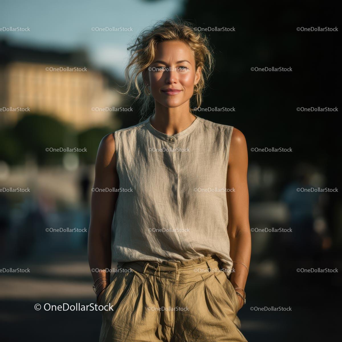 Elegant Woman in Linen Outfit on a Sunny Day Stock Photo Bundle preview 12