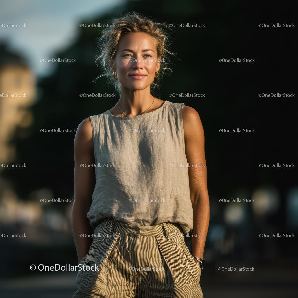 Elegant Woman in Linen Outfit on a Sunny Day Stock Photo Bundle preview 14