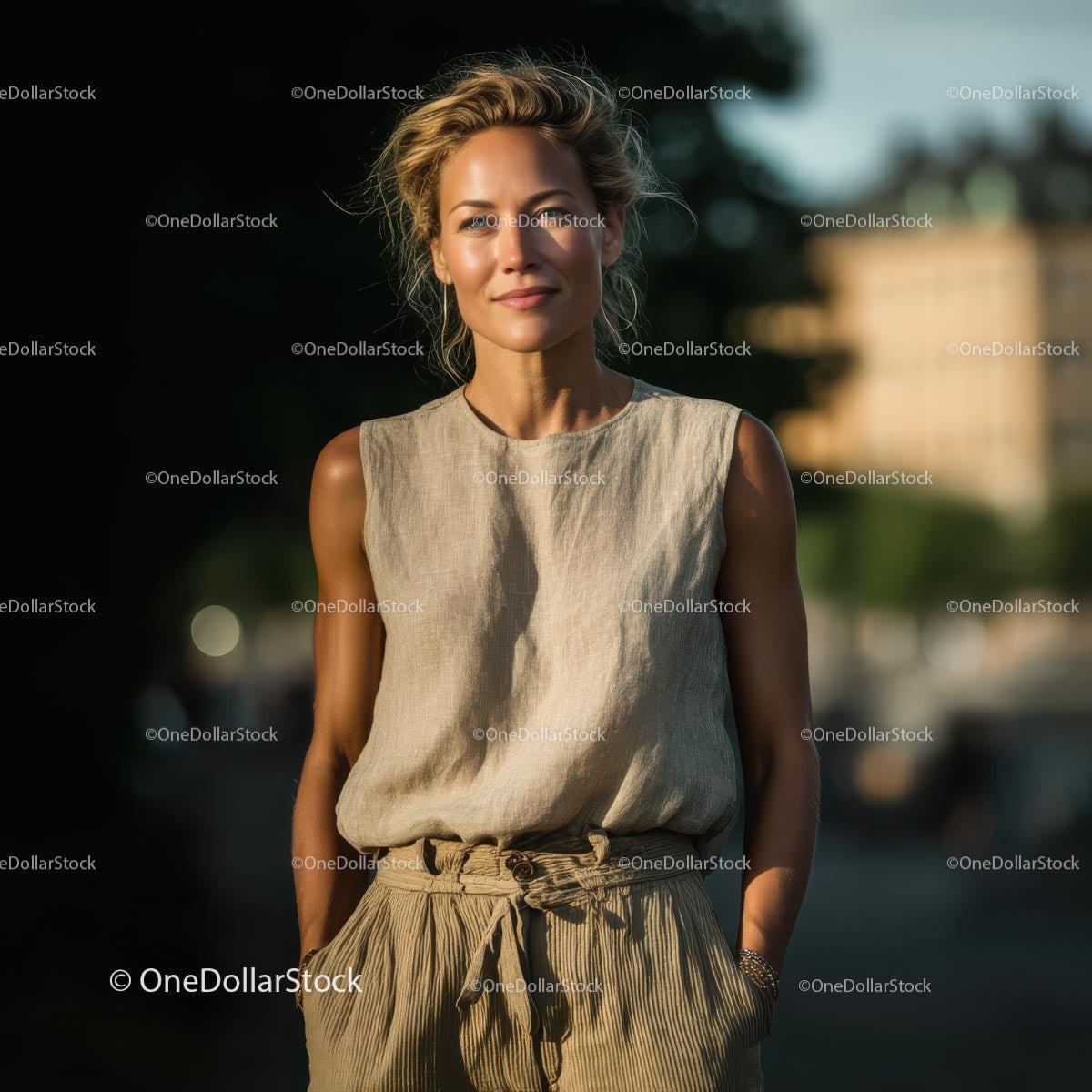 Elegant Woman in Linen Outfit on a Sunny Day Stock Photo Bundle preview 17