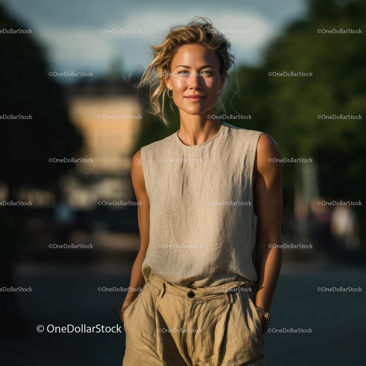 Elegant Woman in Linen Outfit on a Sunny Day Stock Photo Bundle preview 27