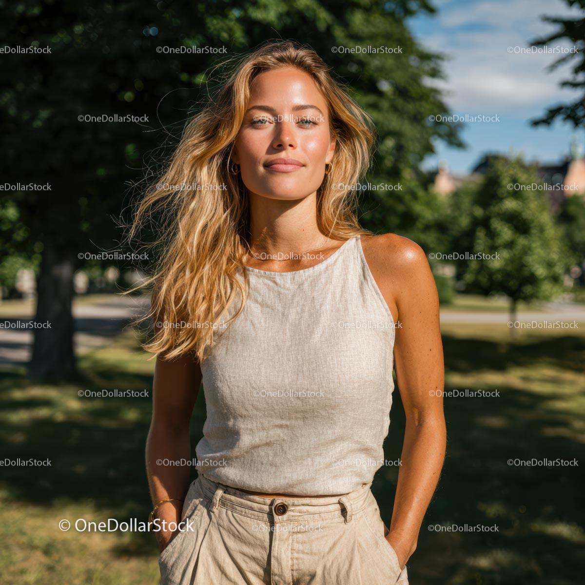 Smiling Woman in Casual Outfit on a Sunny Day Stock Photo Bundle preview