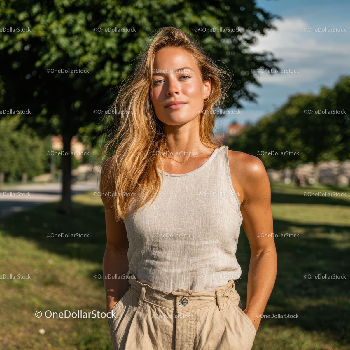 Smiling Woman in Casual Outfit on a Sunny Day Stock Photo Bundle preview 6