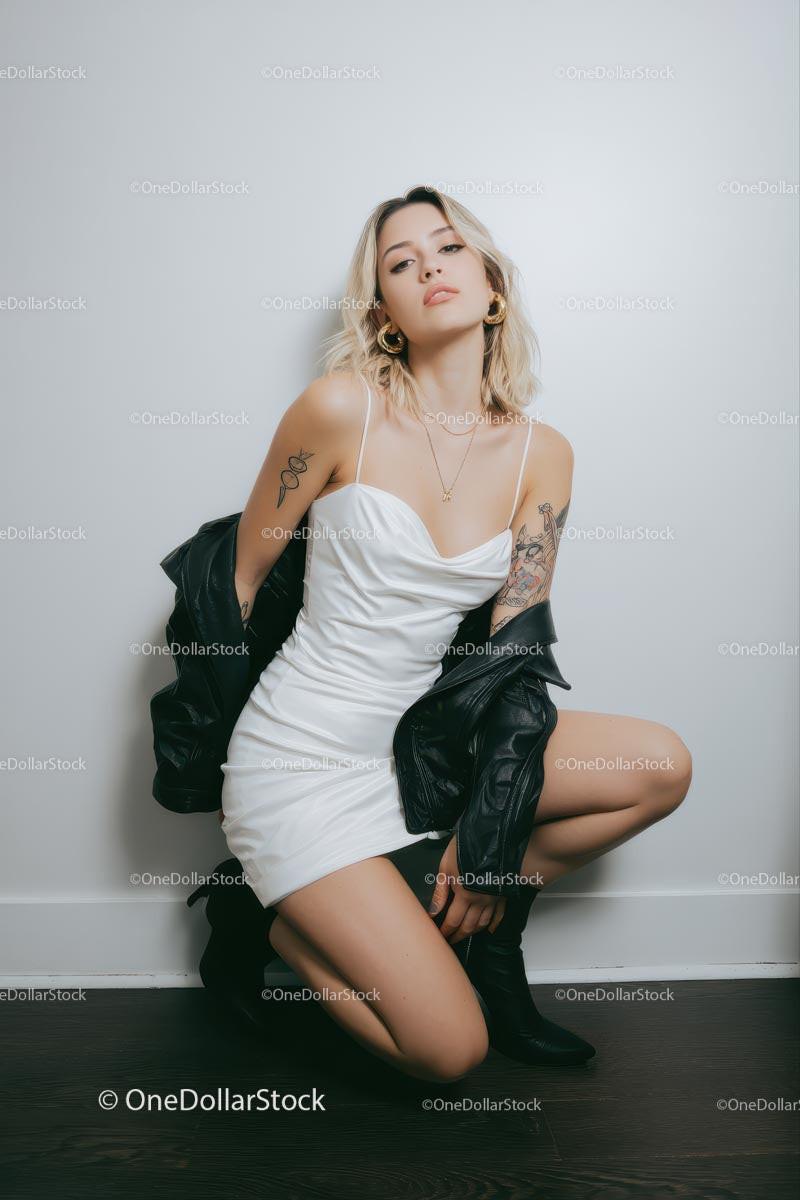 Fashionable Woman in White Dress with Black Jacket Stock Photo Bundle preview