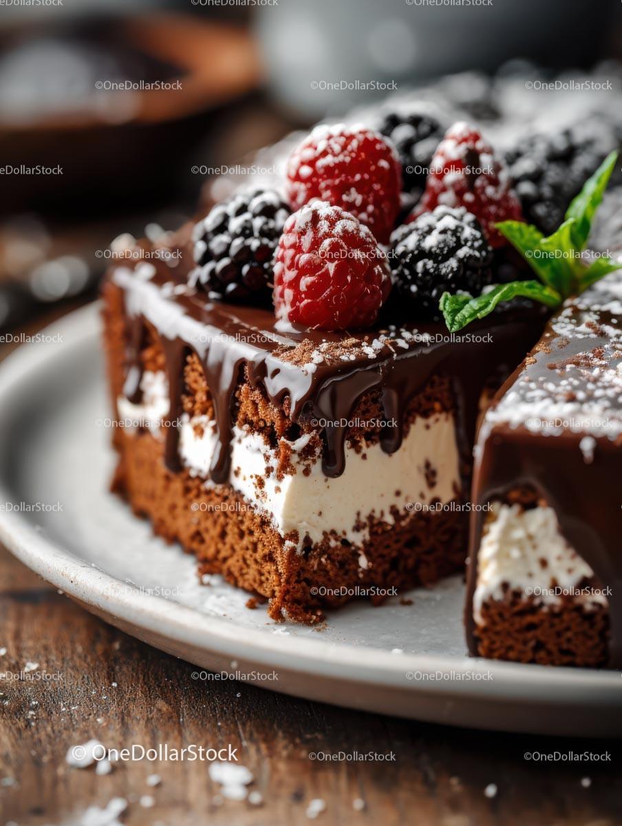 Chocolate Cake with Berries and Mint Garnish