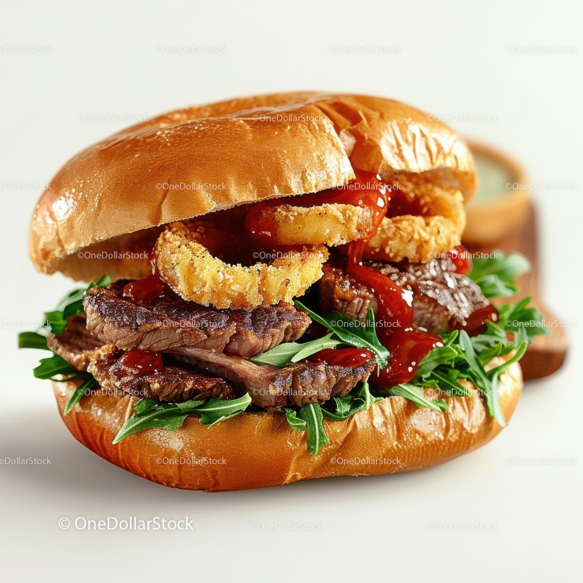 Gourmet Burger with Crispy Onion Rings and Arugula Stock Photo Bundle preview