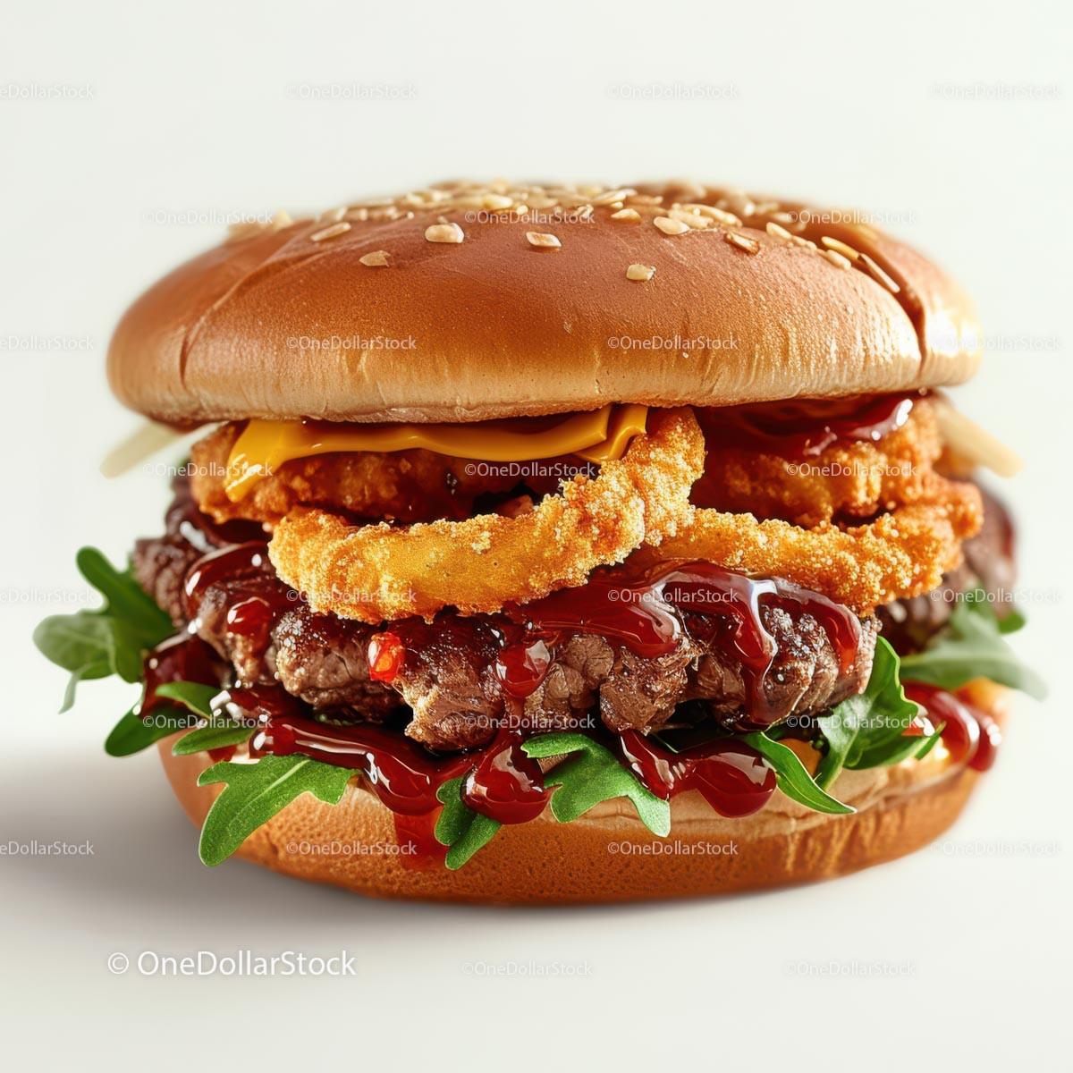 Gourmet Burger with Crispy Onion Rings and Arugula 18 JPG Files digital asset preview
