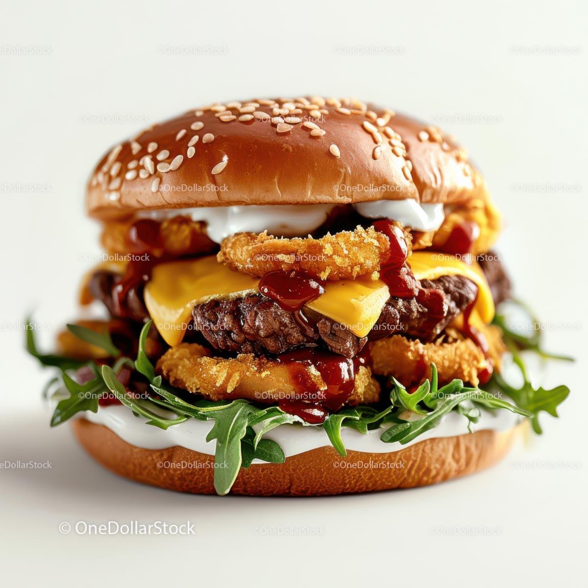 Gourmet Burger with Crispy Onion Rings and Arugula Stock Photo Bundle preview 5