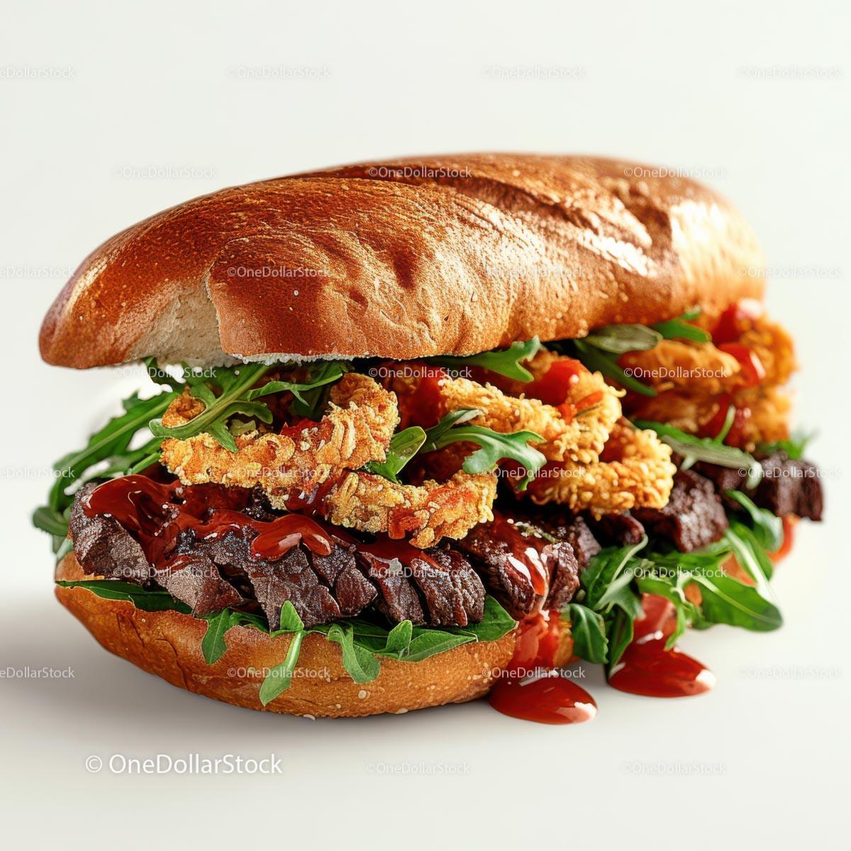 Gourmet Burger with Crispy Onion Rings and Arugula Stock Photo Bundle preview 12