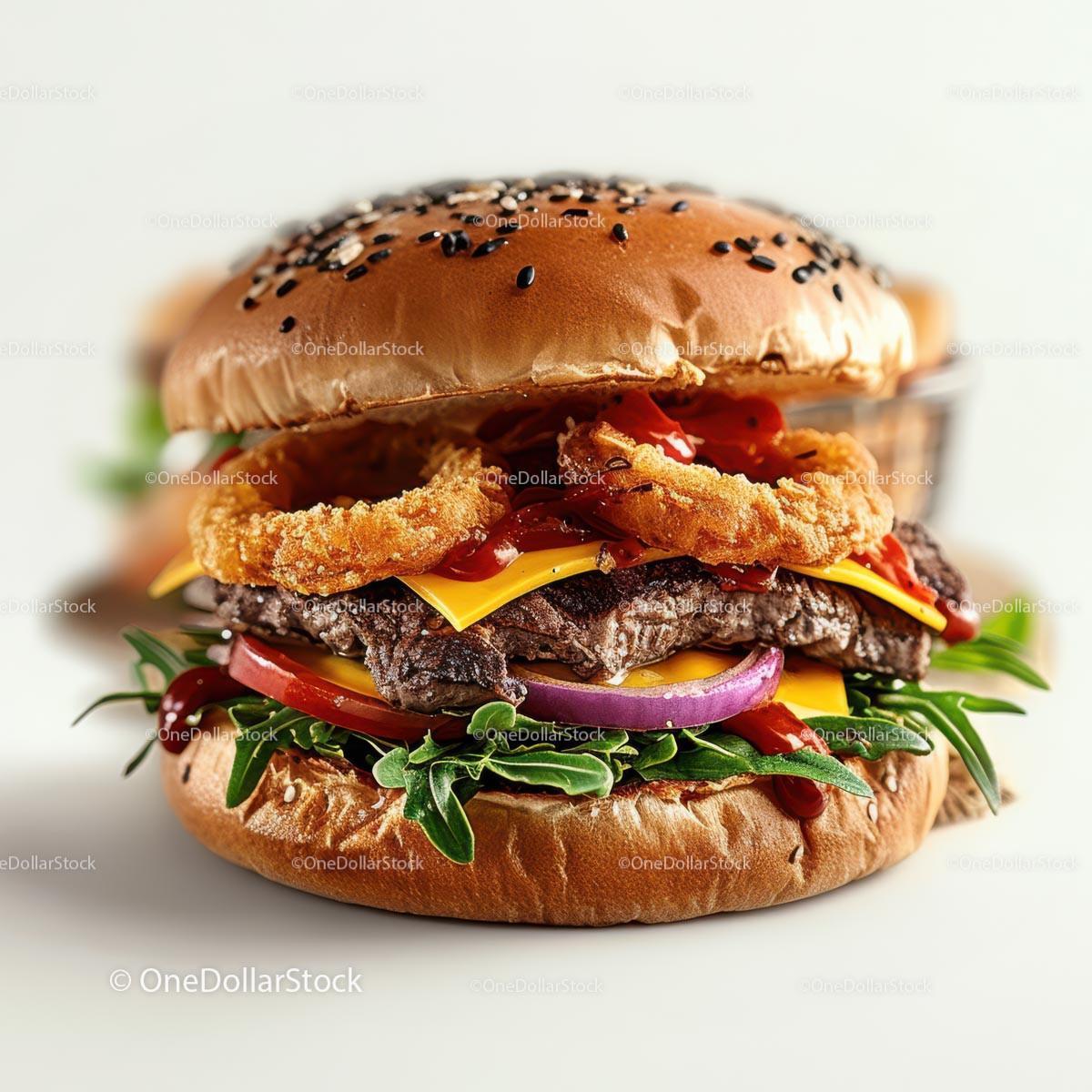 Gourmet Burger with Crispy Onion Rings and Arugula Stock Photo Bundle preview 13