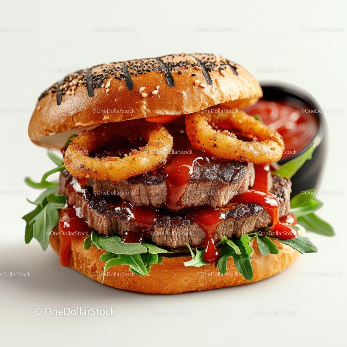 Gourmet Steak Burger with Onion Rings and Arugula Stock Photo Bundle preview
