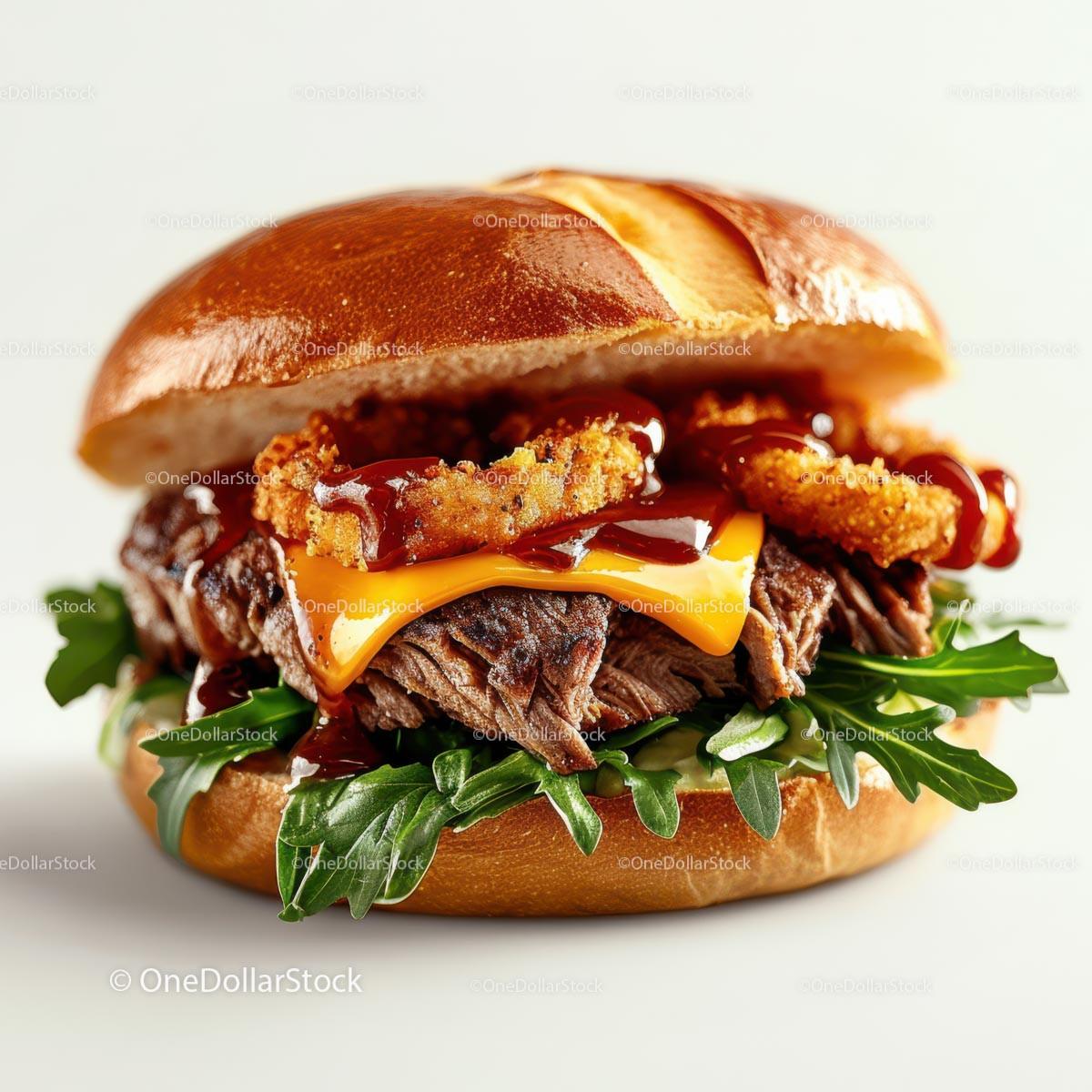 Gourmet Steak Burger with Onion Rings and Arugula 18 JPG Files digital asset preview