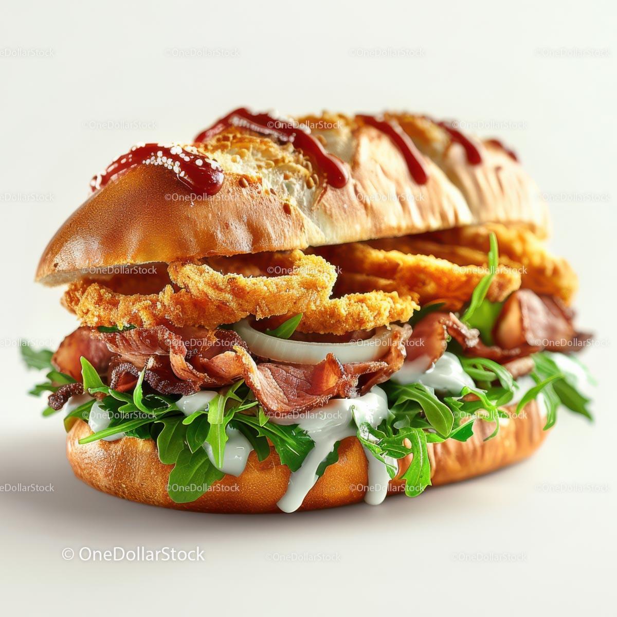Gourmet Steak Burger with Onion Rings and Arugula Stock Photo Bundle creative preview 4