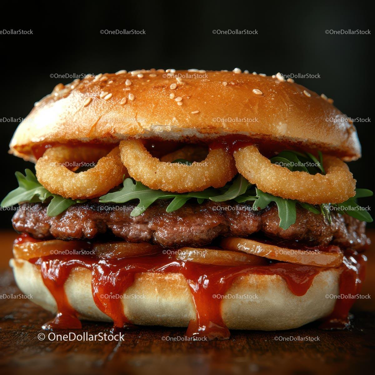 Gourmet Burger with Onion Rings and Arugula Stock Photo Bundle preview