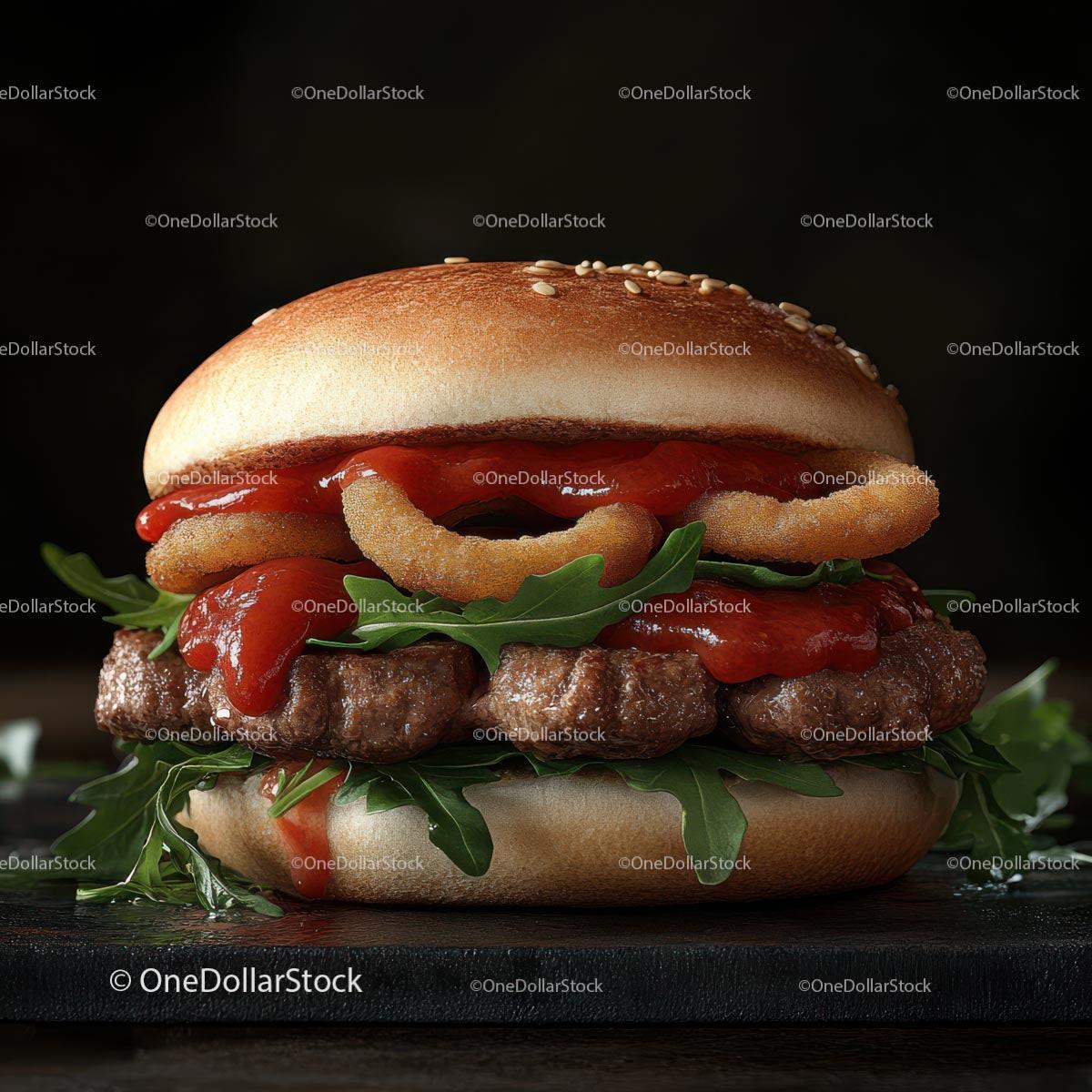 Gourmet Burger with Onion Rings and Arugula Stock Photo Bundle preview 9