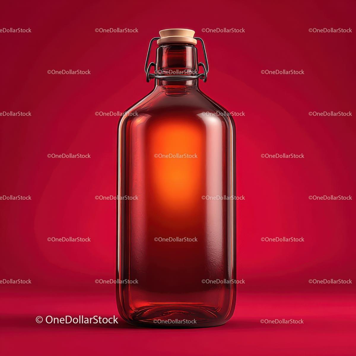 Amber Glass Bottle on Vibrant Red Background JPG Mockup Image preview