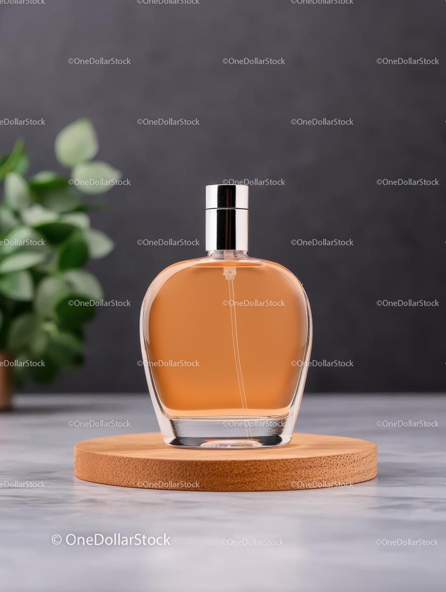 Elegant Glass Perfume Bottle on Wooden Stand JPG Mockup Image preview