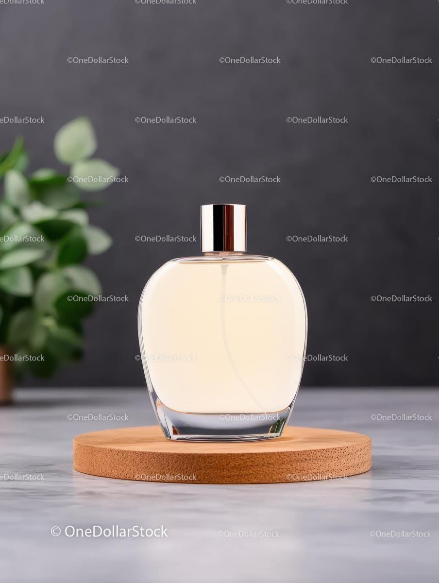 Elegant Perfume Bottle on Wooden Coaster JPG Mockup Image preview