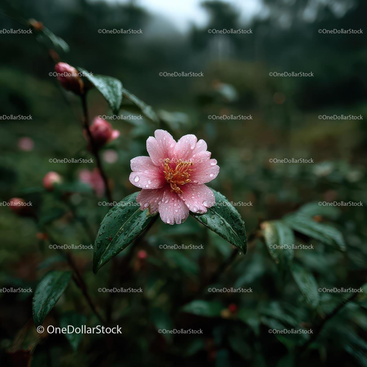 Pink Camellia Flower with Dewdrops in Lush Greenery