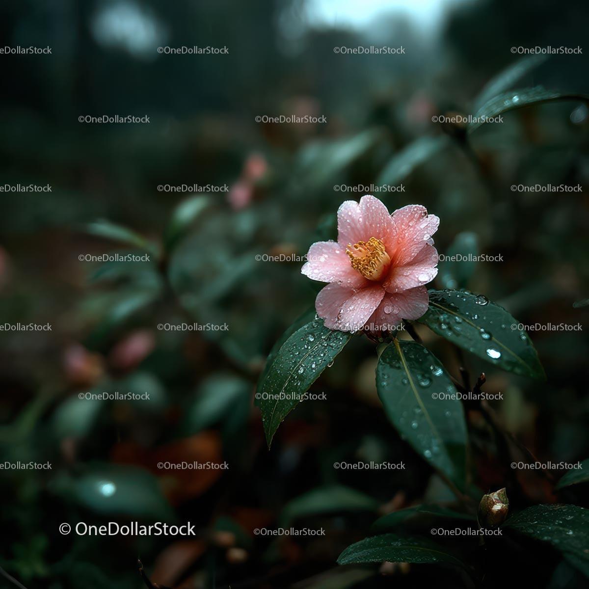 Pink Camellia Flower with Dewy Petals in Lush Garden