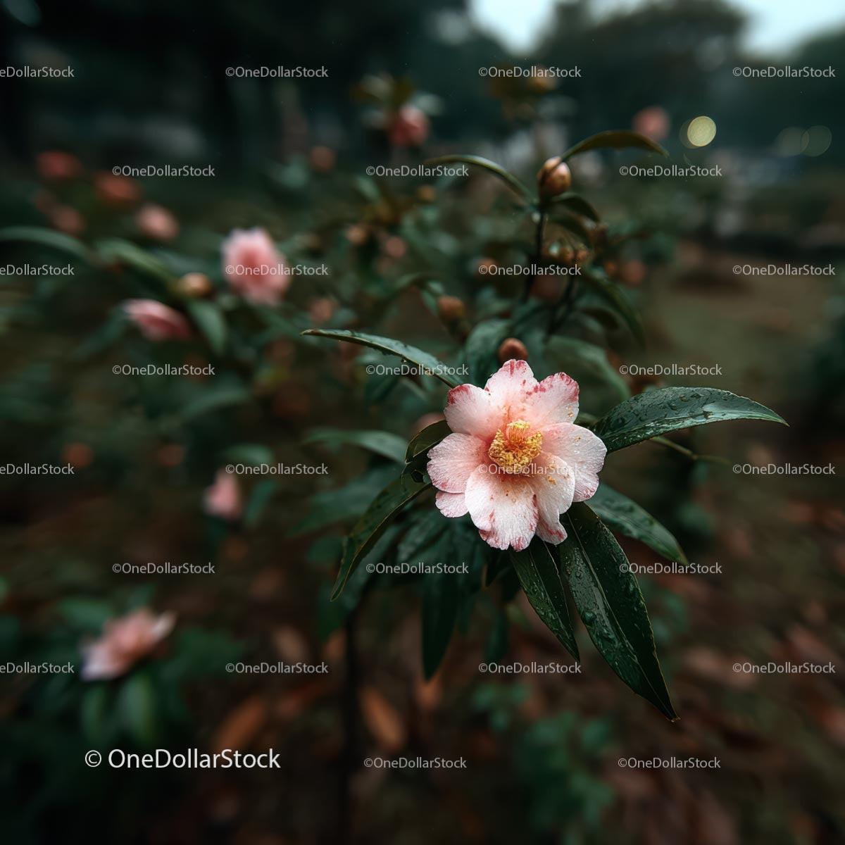 Blooming Camellia with Dewy Green Leaves
