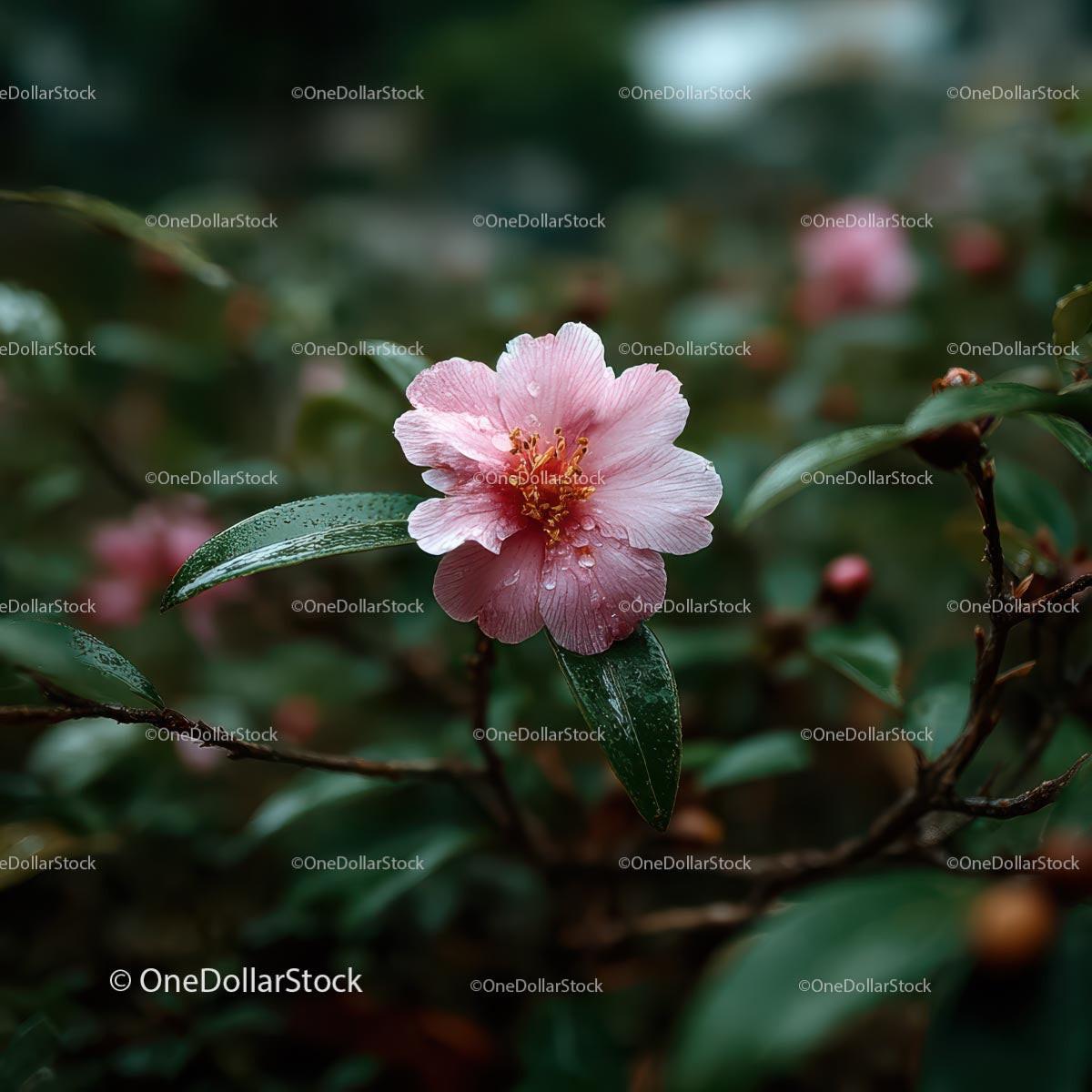 Pink Camellia Bloom with Raindrops in Lush Garden