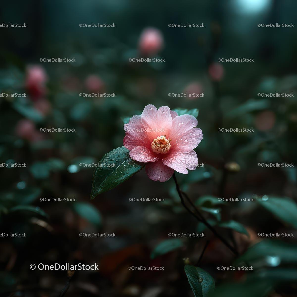 Close-Up of Pink Camellia in Morning Dew