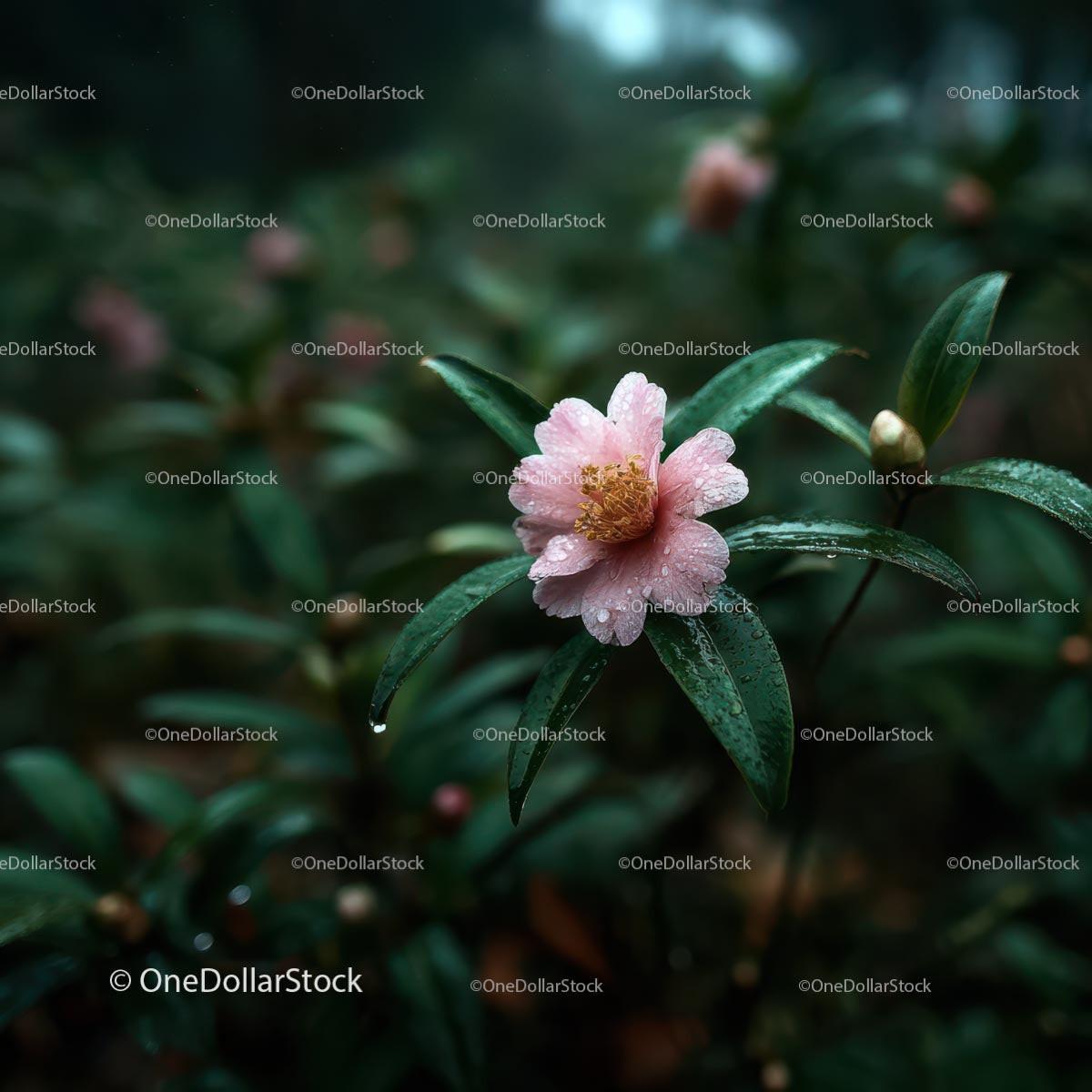 Pink Camellia Flower with Dew in Lush Green Surroundings
