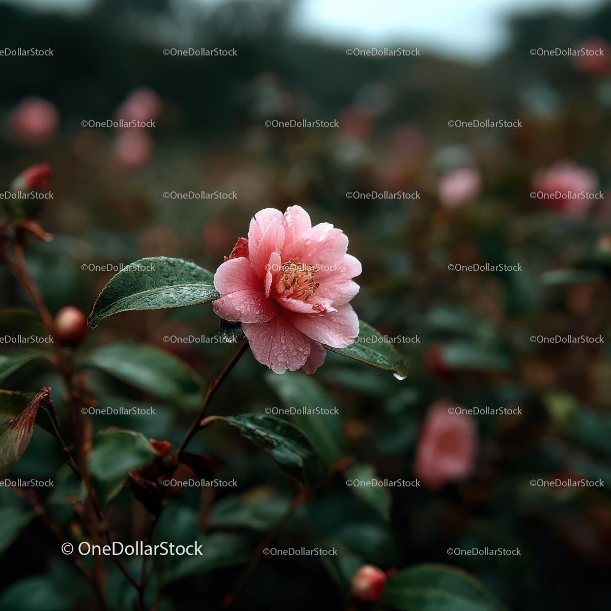 Dew-Kissed Pink Camellia Blooming in Lush Garden