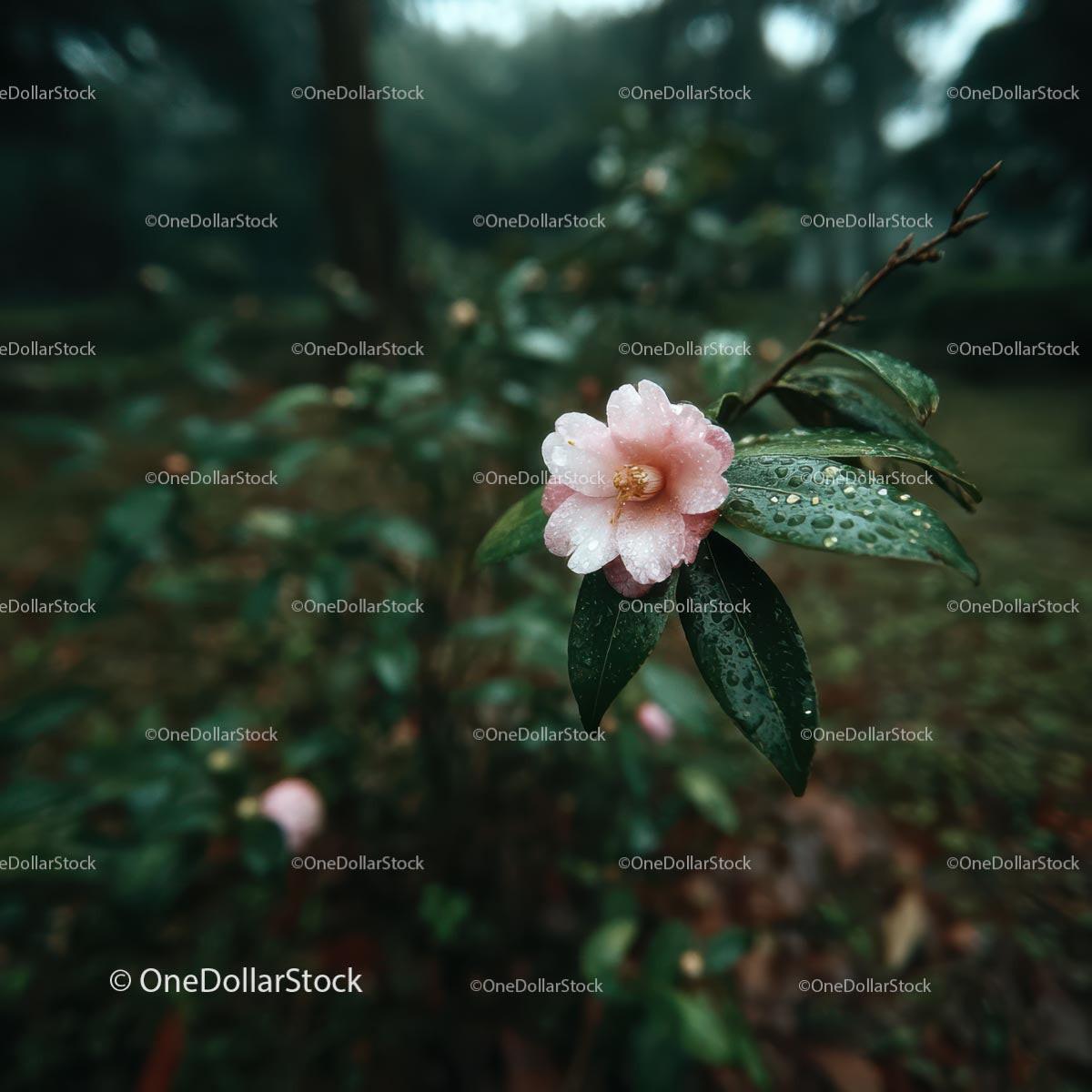Pink Camellia Flower with Dewdrops in Lush Garden