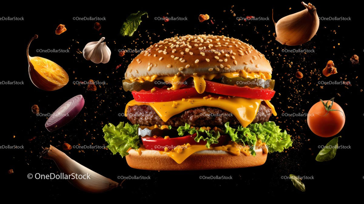 Gourmet Cheeseburger with Fresh Ingredients on Black Background (20 Images)